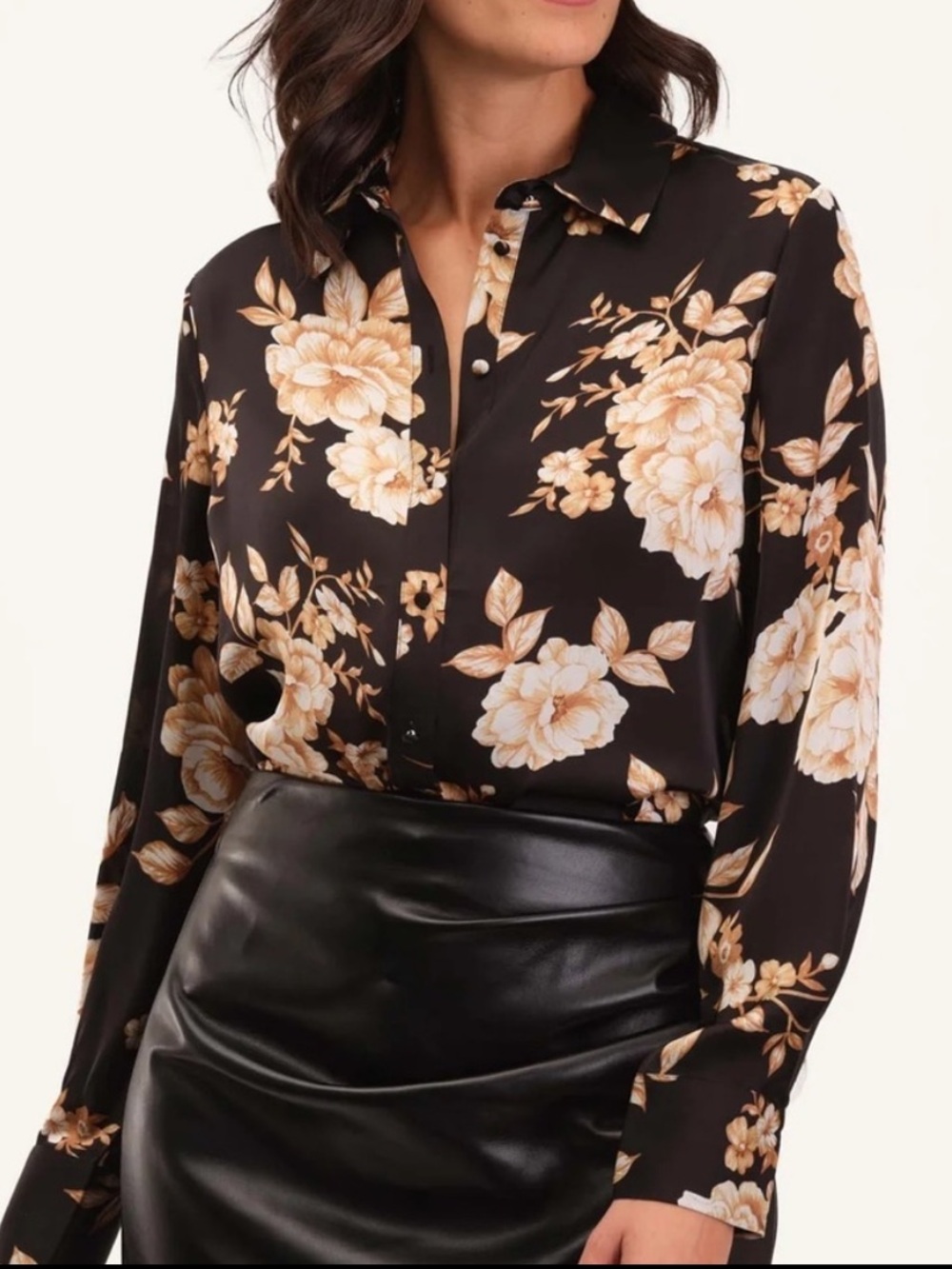Industry Republic Black Floral Satin Long Sleeve Button Down Blouse Small NWT